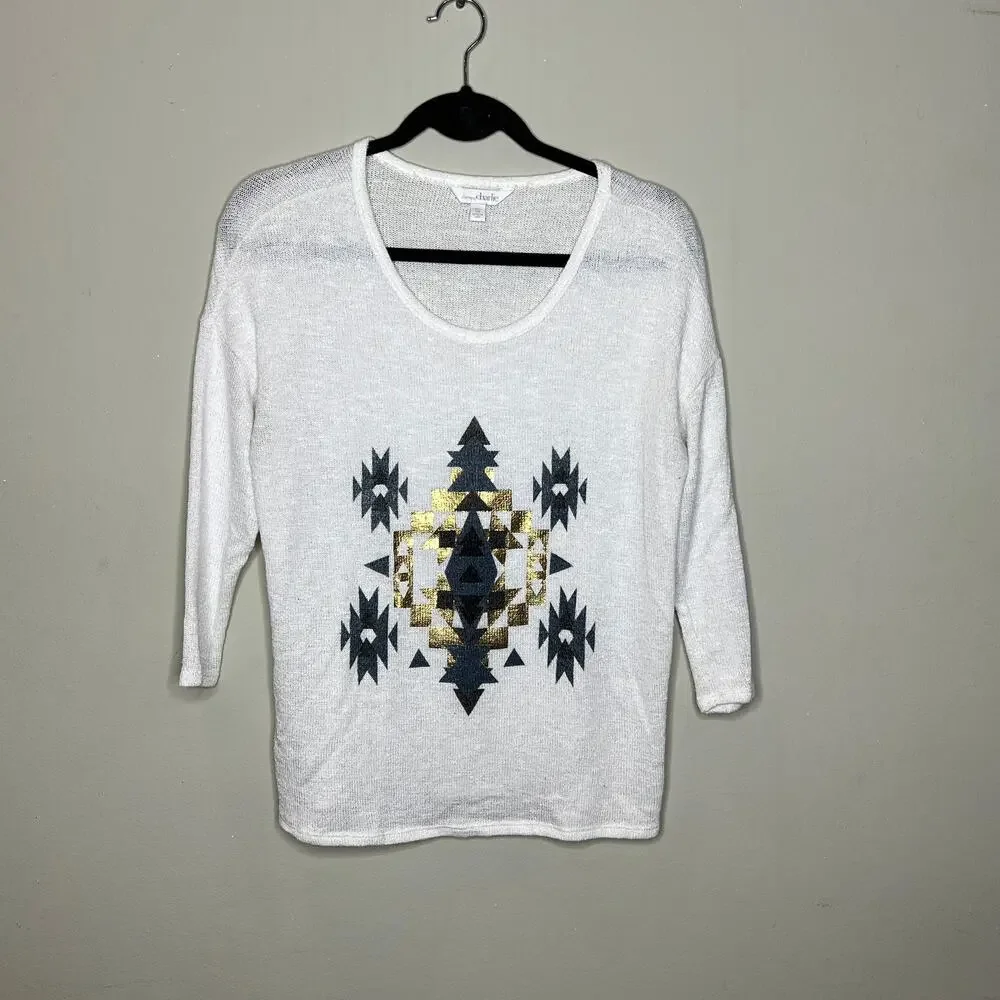 Charming Charlie White 3/4 Sleeve Scoop Neck Knit‎ Blouse Top Women's Size Small